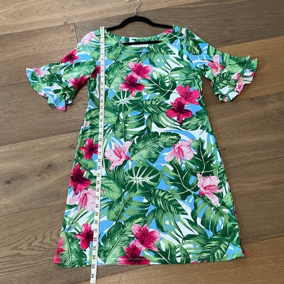 Pappagallo Womens Tropical Floral Shift Dress S Green Pink Ruffle Sleeve Vacay - Picture 8 of 12